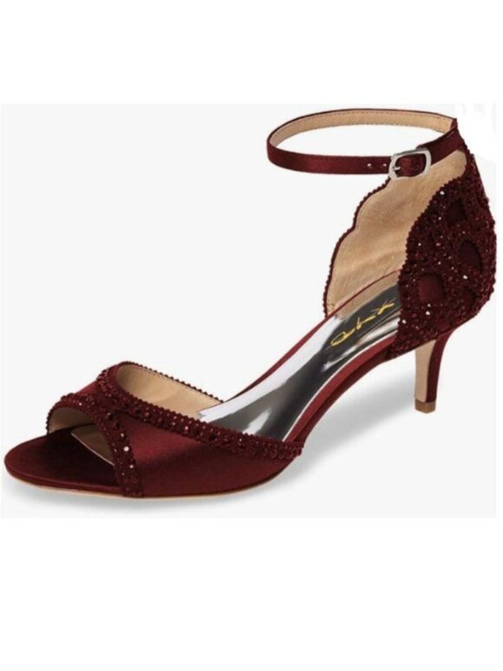 XYD Wine Chic Peep Toe D'Orsay Low Heel Rhinestone Stud Ankle Strap Sandals